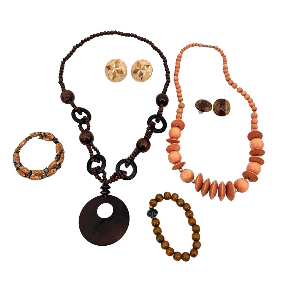 Vtg Wood Jewelry Boho Lot 2 Necklaces 2 Bracelets 2 Clip Earrings Artisan Hippie